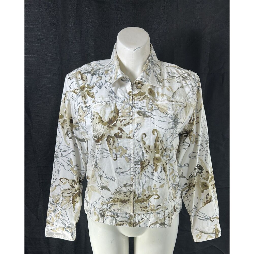Chico's Jacket Shirt Zip Size 2 Brown Yellow Watercolor Floral Large